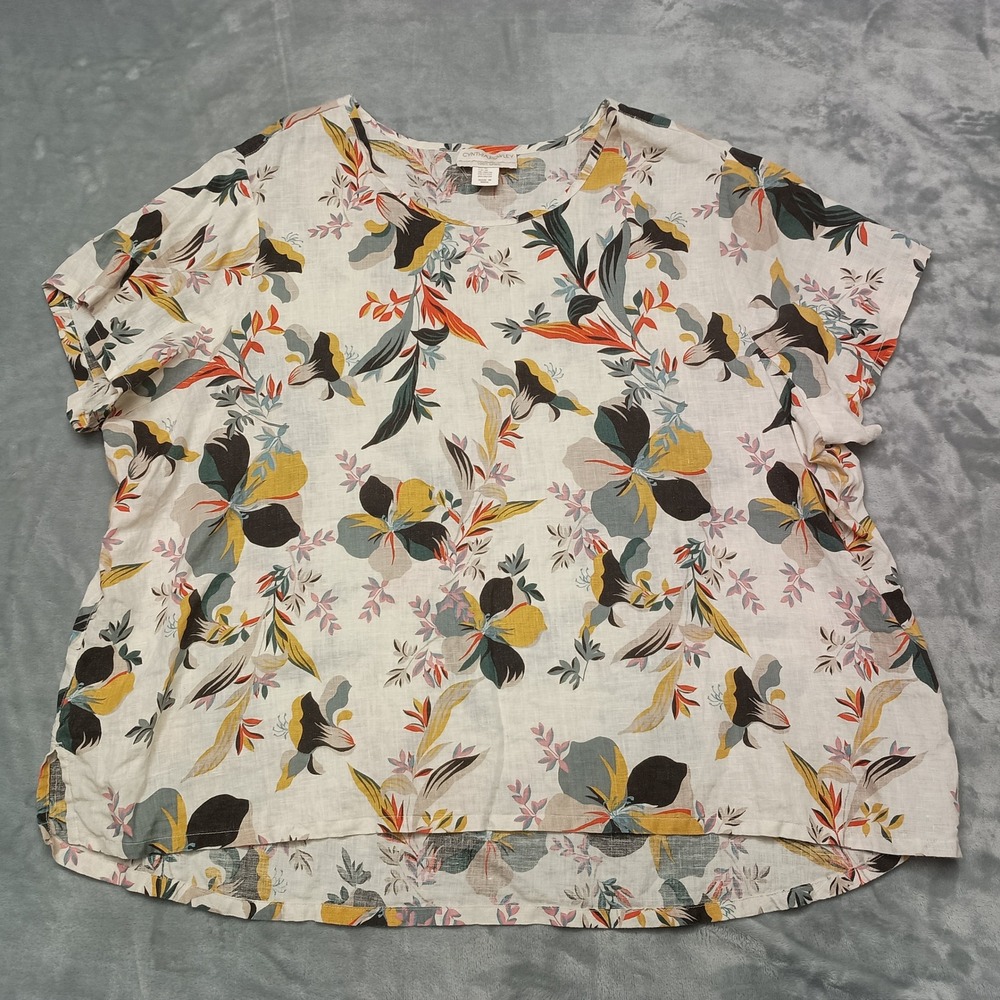 Cynthia Rowley Shirt Womens 3X White Floral Linen Short Sleeve Blouse Tropical